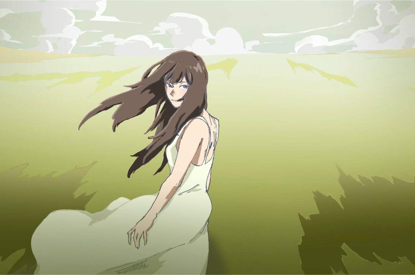 Girl in a white dress turning in an open field.