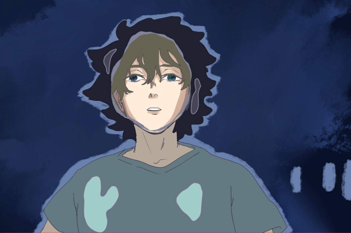 Main character looking upward against a deep blue background.