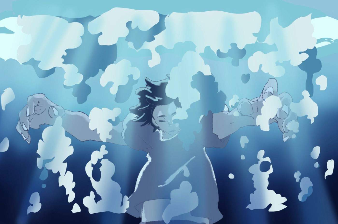 Character submerged underwater with hands reaching through bubbles.