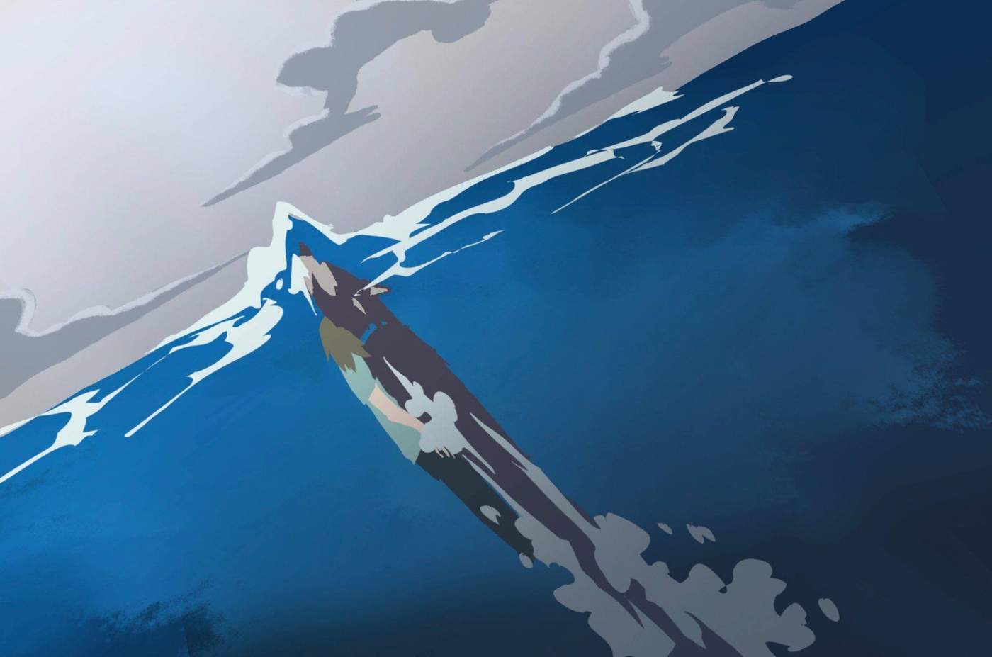 Figure moving along a blue ocean surface from above.