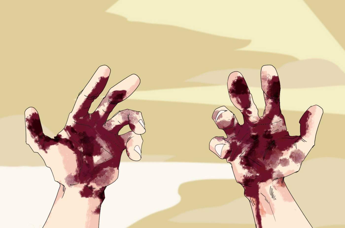 Two blood-stained hands raised in front of a pale background.