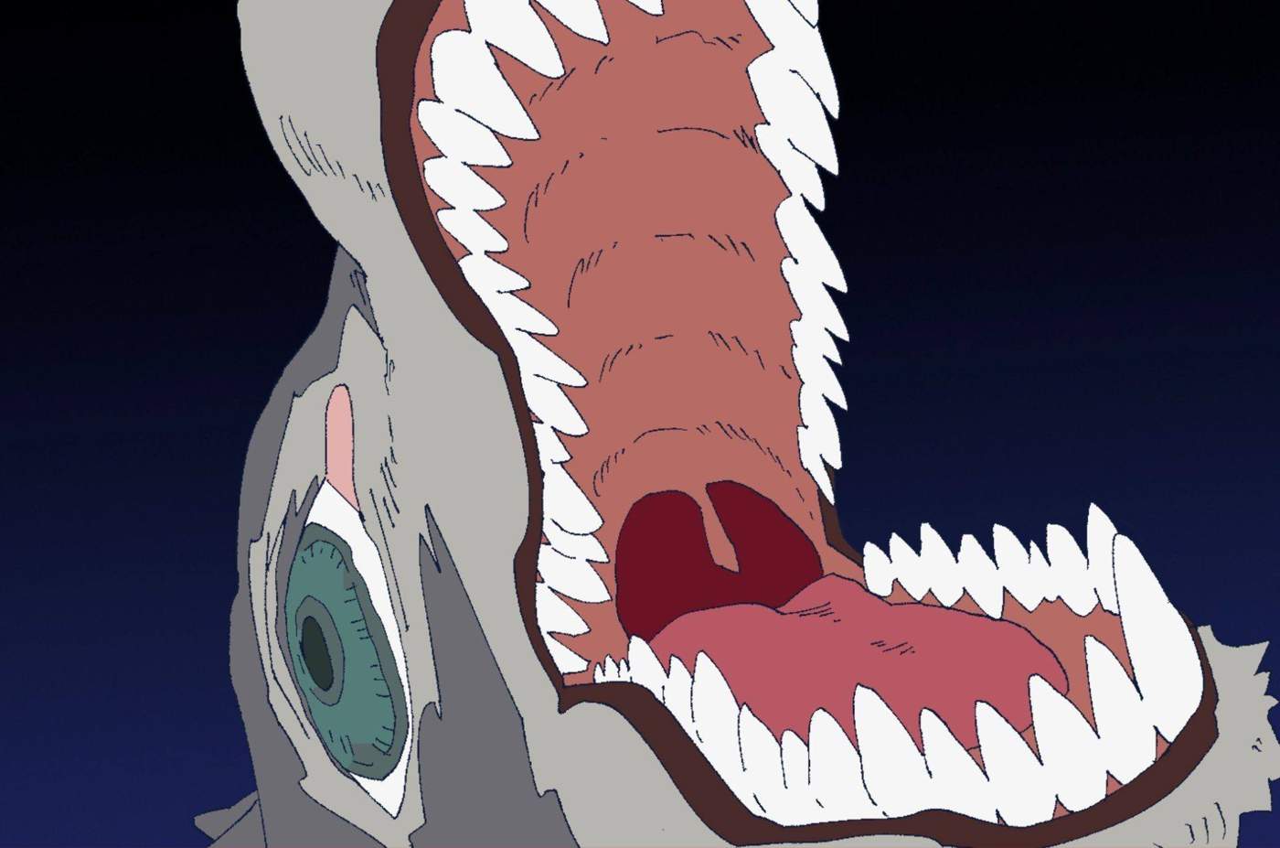 A wolf-like mouth open in a scream.
