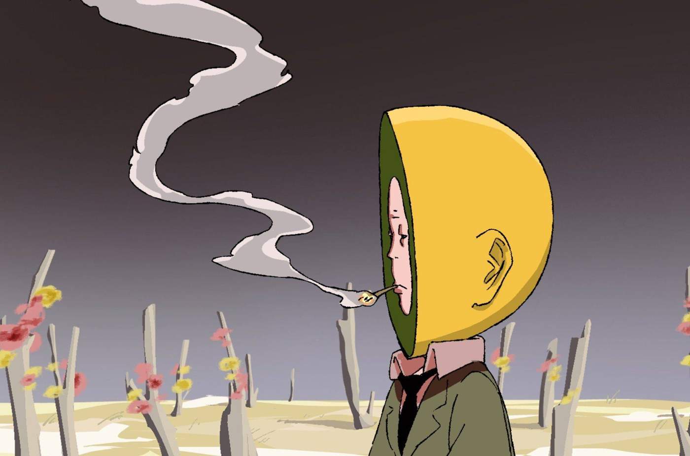 Figure in a lemon-shaped hood smoking in a sparse field.