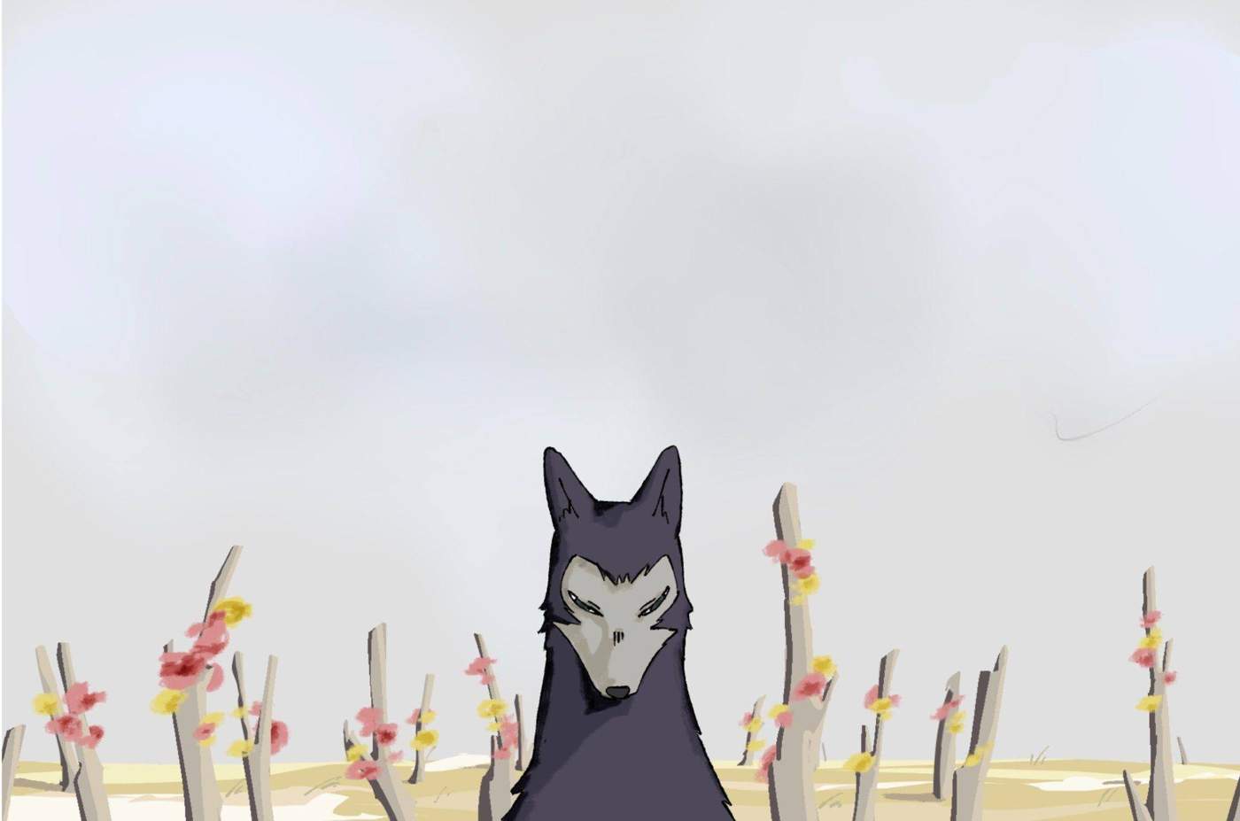 Dark wolf standing in a flat bright landscape.