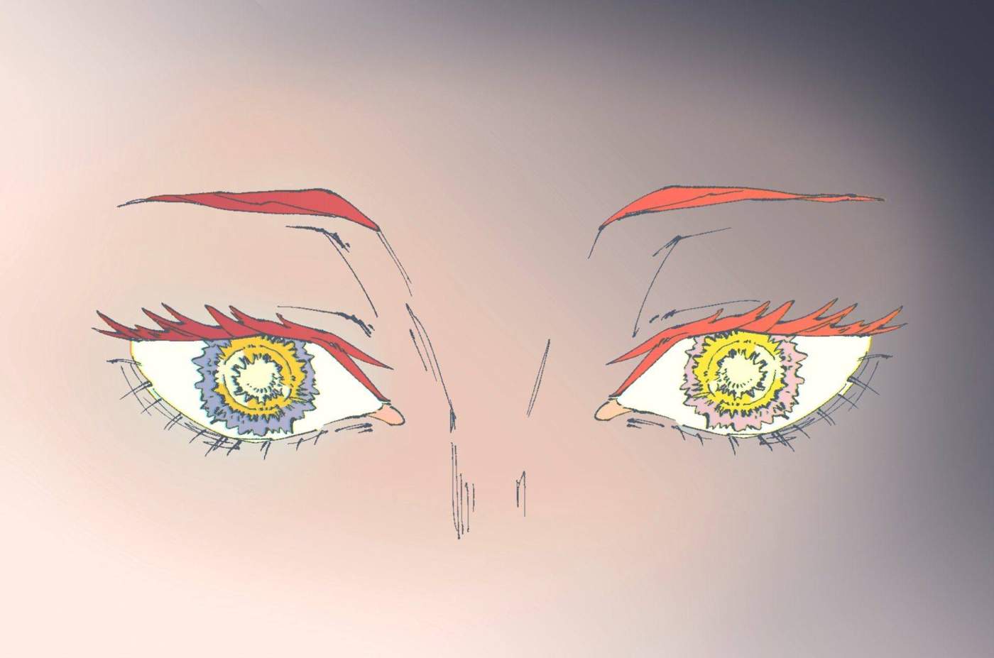 Stylized close-up of brightly colored eyes.