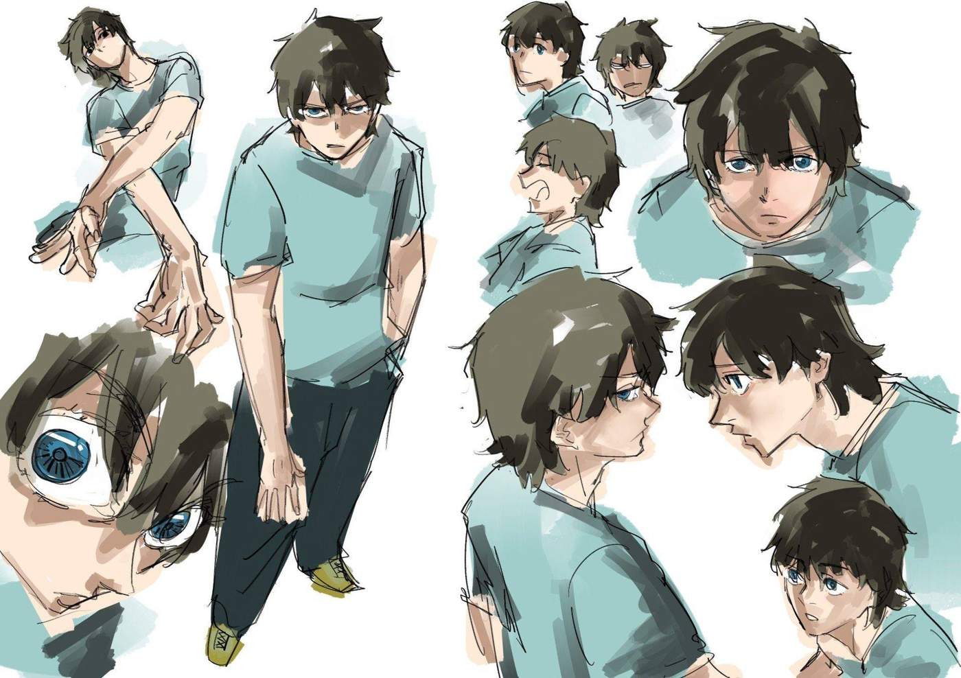 Loose painted character explorations of the boy in different poses and facial expressions.