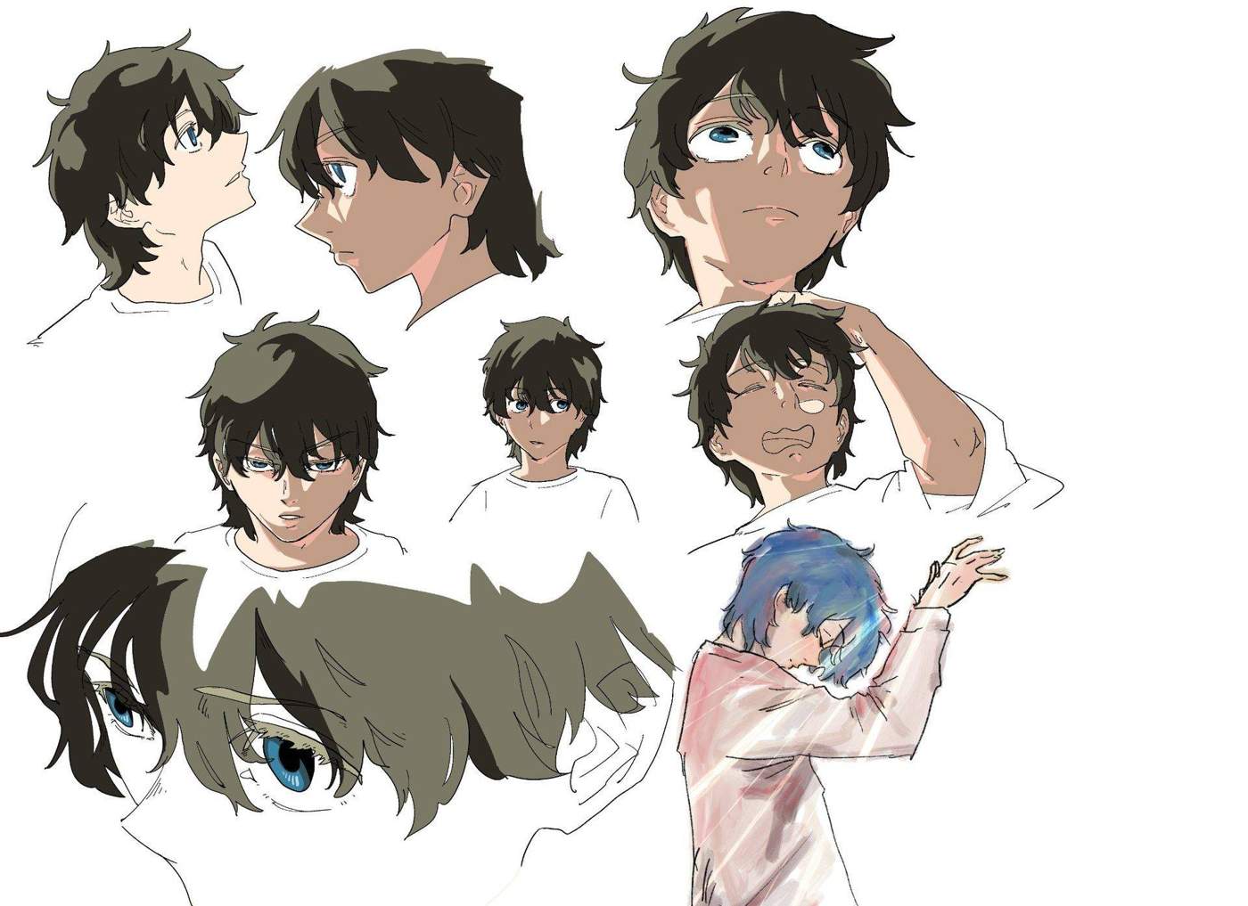 Character design sheet showing notes and rough portraits for the boy and girl.