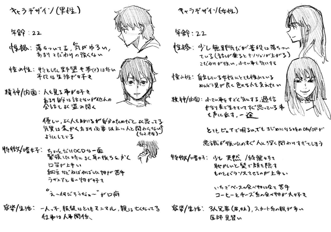 Character design notes page with written descriptions and portrait sketches of the boy and girl.
