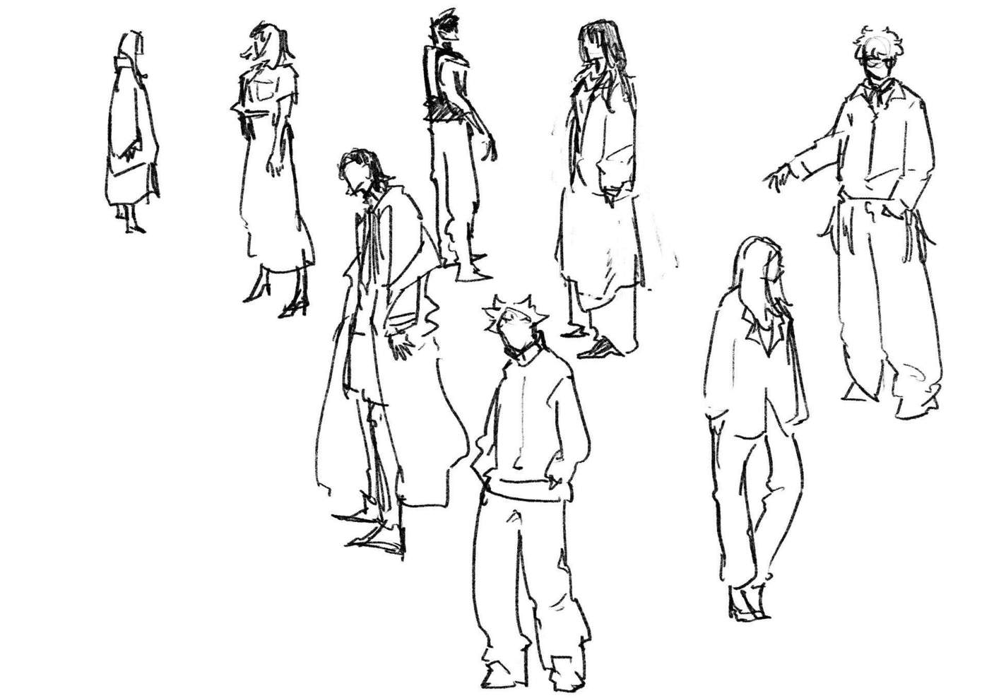 Simple full-body sketches exploring clothing and standing poses for the characters.