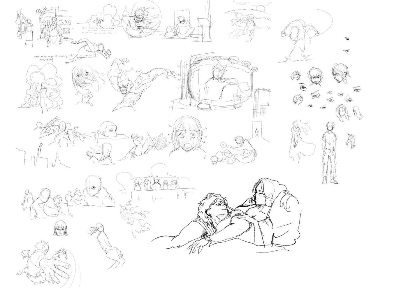 Large page of loose storyboard and gesture drawings exploring scenes and emotional moments.