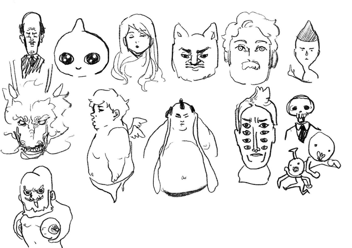 Character design sheet with a range of heads and stylized figures.