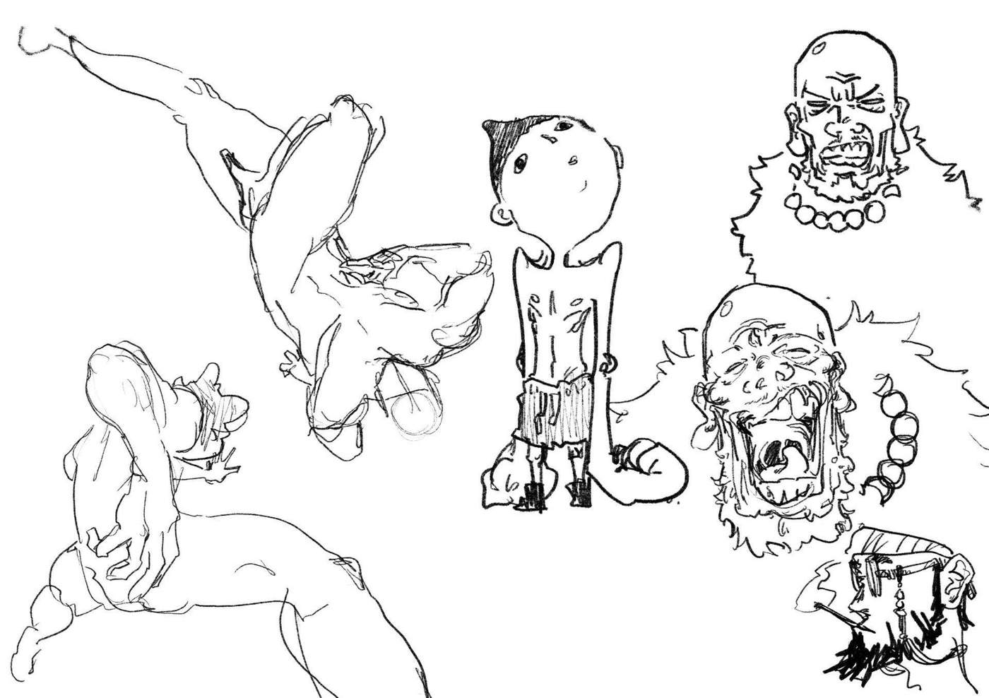 Character design sheet showing distorted figures and expressive faces.