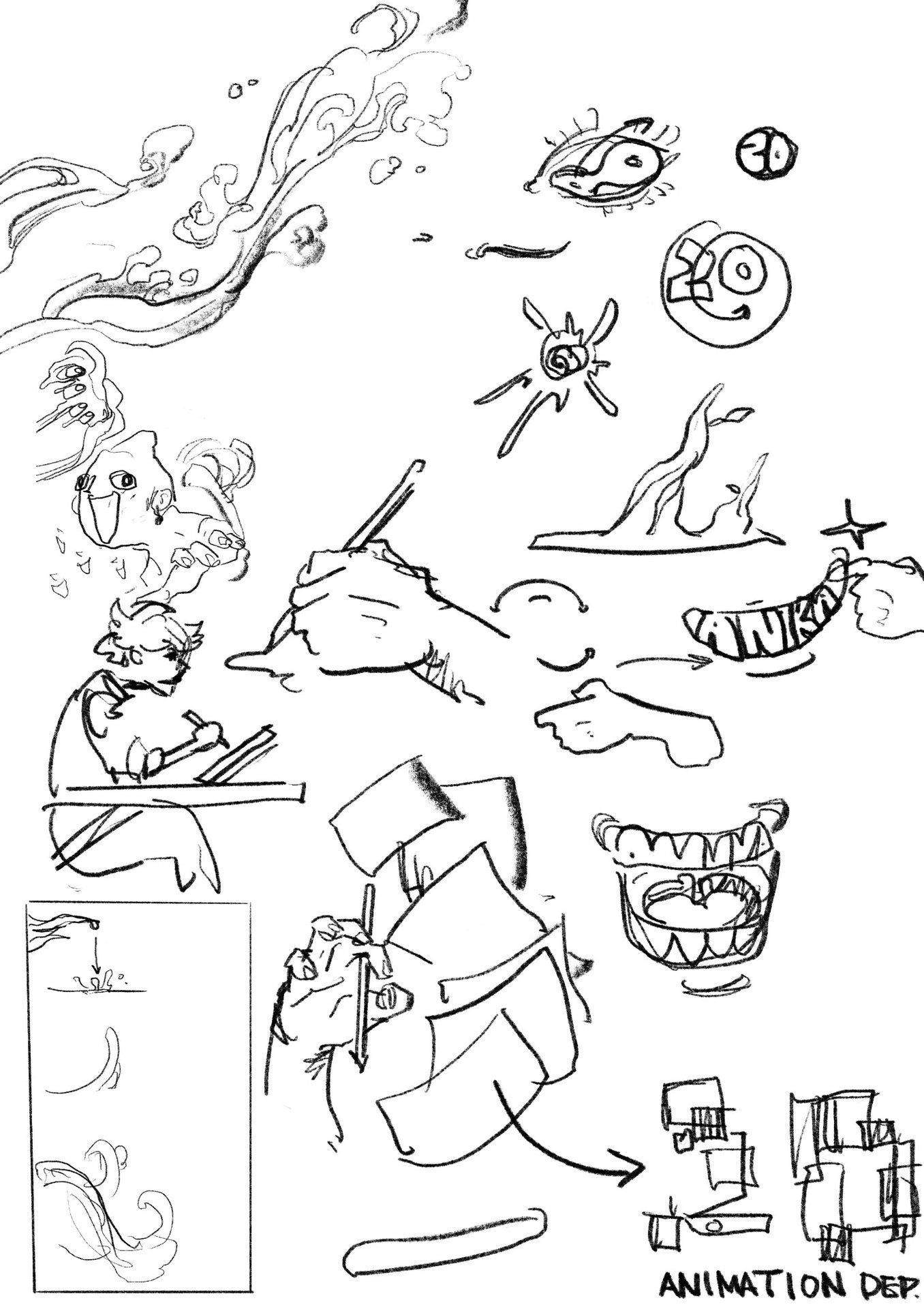 Character and motif page showing hands, eyes, paper shapes, and animation department ideas.