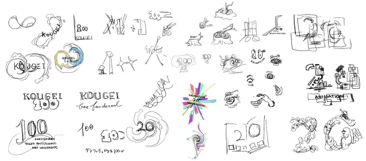 Large sheet of rough logo ideas and animation department anniversary sketches.
