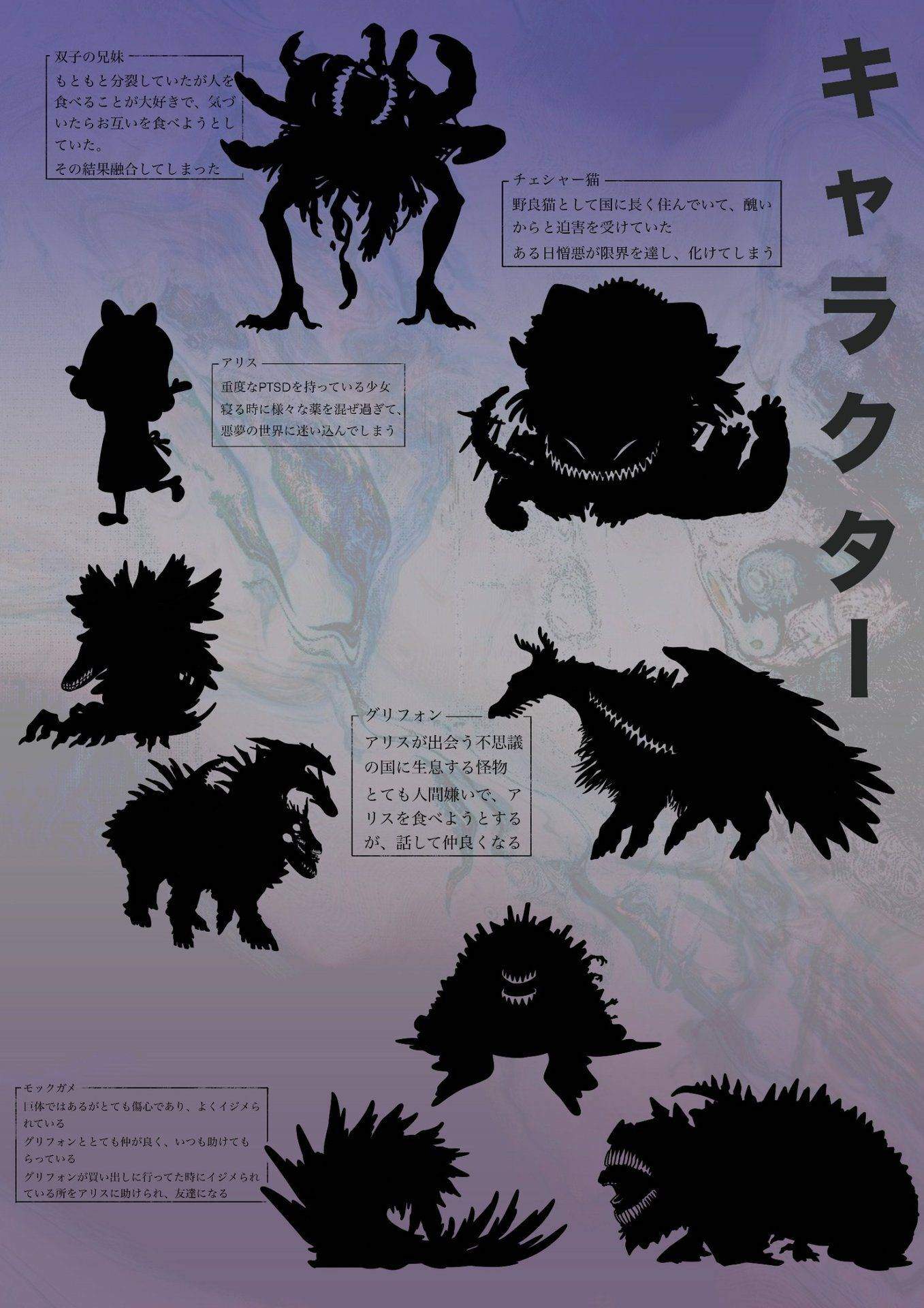 A Nightmare in Wonderland character silhouette sheet